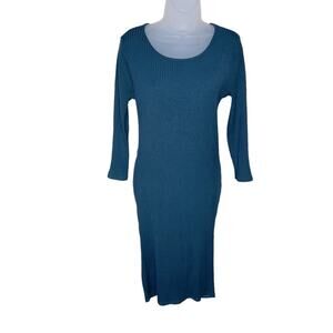 COTTON ON Teal Ribbed Bodycon Scoop Neck Long Sleeve Midi Dress Women’s